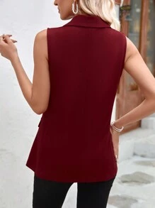EMERY ROSE Blazer Sin Mangas Rojo Para Mujer Con Solapa De Pico Para La Primavera Y Un Solo Botón - Burdeos - Ver 2