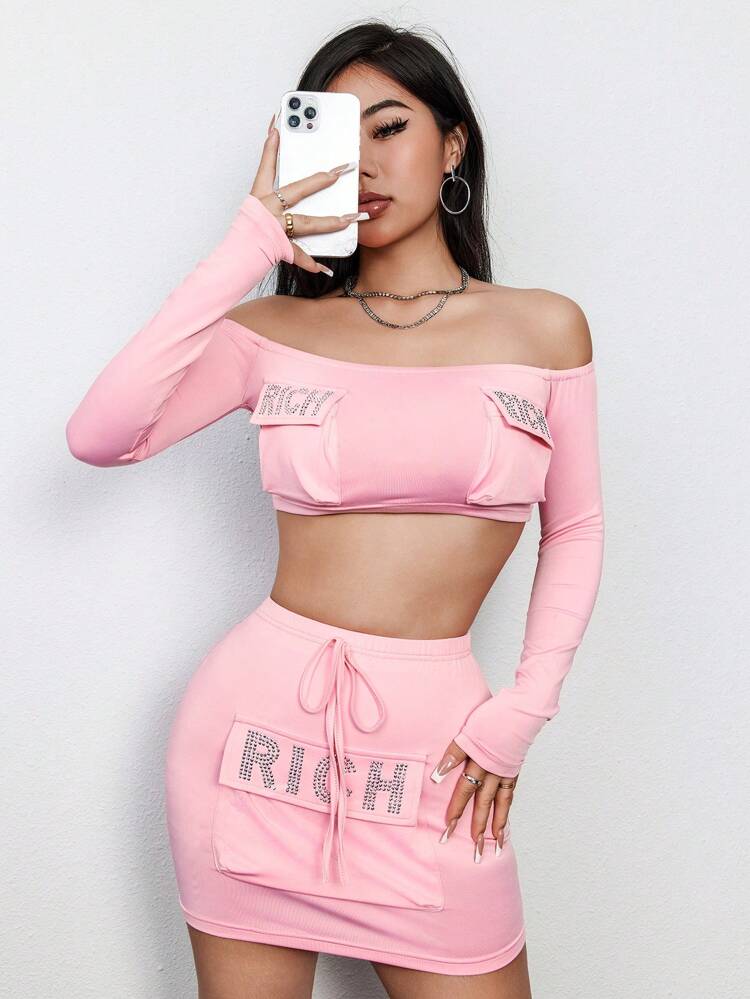 Women's Sequined Letter Off Shoulder Top And Skirt Set