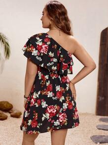 SHEIN VCAY Plus Size Phong cách ngày lễ mùa hè In hoa lạnh Vai hai lớp Váy xẻ viền Ruffle - Nhiều màu - Xem 2