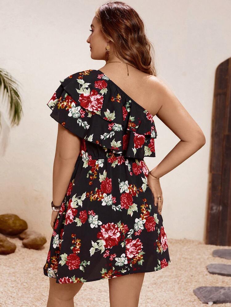 Plus Size Summer Holiday Style Floral Printed Cold Shoulder Double Layer Ruffle Hem Slit Dress