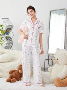 SHEIN Teenage Girls' Woven Colorblock Shirt & Shorts Set With Floral Print And Drawstring, Suitable For Home Wear - White - View 6