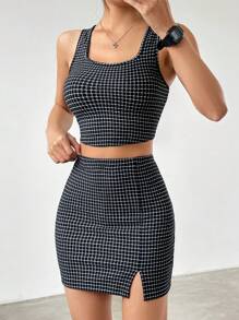 SHEIN EZwear 女性格紋兩件套裝 - 黑色 - 查看 7