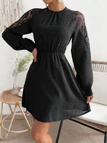 Chiquease Vestido De Manga Raglán Con Encaje Empalmado Para Mujer - Negro - Ver 4