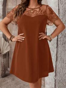 SHEIN Clasi Plus Size Net Yoke Short Sleeve Dress - Rust Brown - View 3