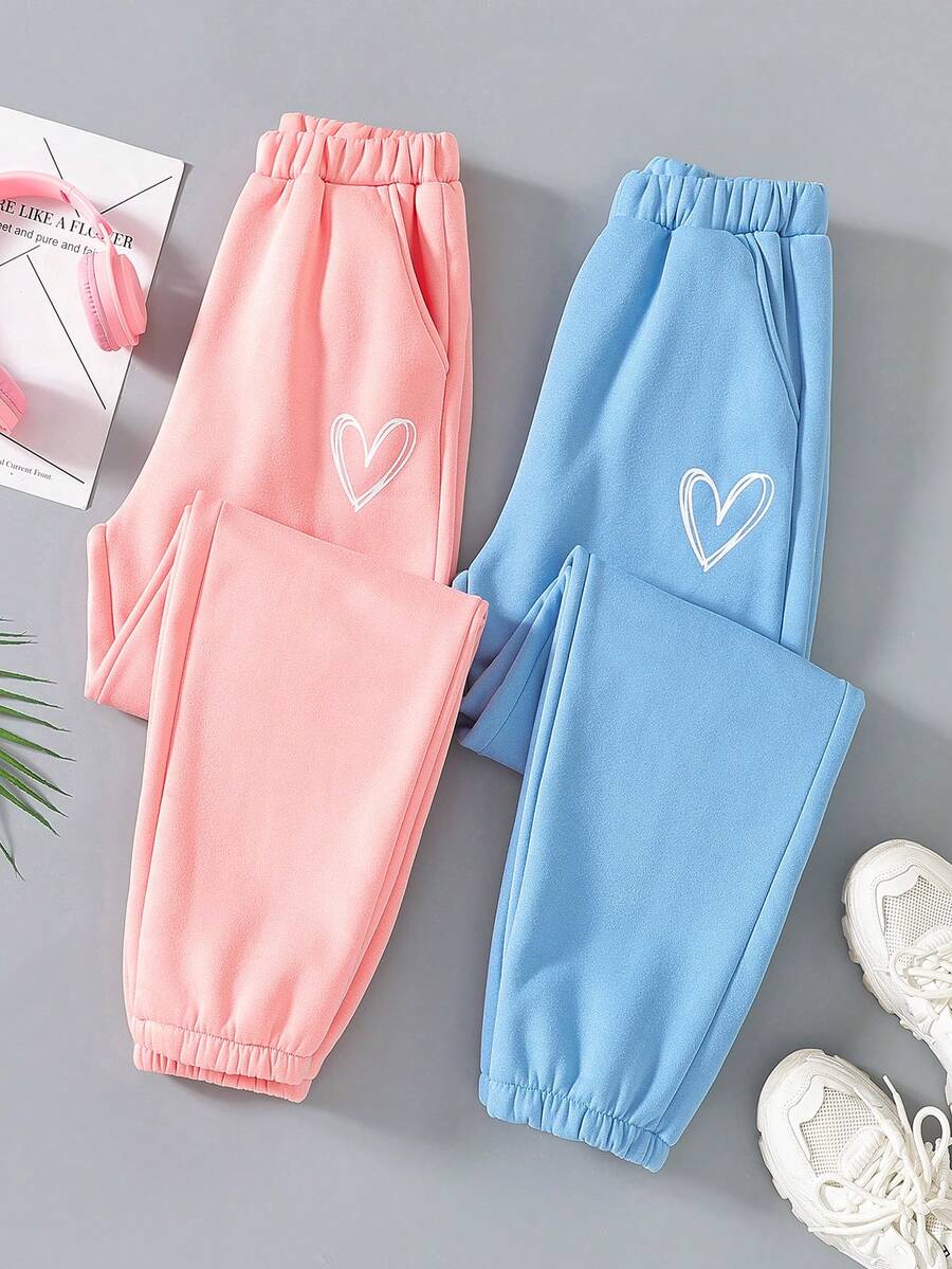 2入組少女休閒心形印花連帽衫和褲子