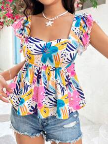 Soleia 女性方領花卉印花上衣,帶有荷葉邊設計 - 彩色 - 查看 5