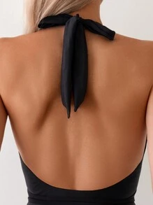 SHEIN Swim 女款純色掛脖露背連身泳衣嘉年華 - 黑色 - 查看 5