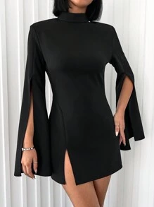 SHEIN Cottnline Mock Neck Split Sleeve Split Hem Dress - Black - View 1