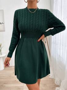 EURMUSE Long Sleeve Cable Knit Sweater Dress - Dark Green - View 4
