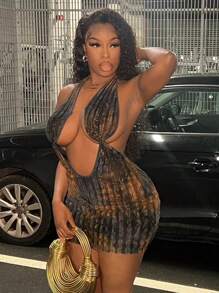 Slaydiva 性感吊带露背透视胸围迷你连衣裙，蓝棕色扎染渐变针织面料 - 彩色 - 查看 5