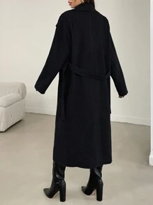 EURMUSE 女式羊毛纏身外套,大翻領領口 - 黑色 - 查看 2