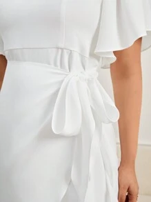 SHEIN Privé 大尺碼純色法式甜心領蝴蝶袖包圍腰間,浪漫優雅洋裝 - 白色 - 查看 4