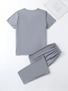 Teen Boy Letter Printed Short Sleeve Top And Long Pants Pajama Set - Grey - View 2