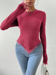 SHEIN LUNE Women's Plain Asymmetrical Hem Fringed Sweater