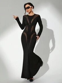 SHEIN ICON Women's Mesh Contrast Mermaid Black Long Dress - Black - View 1