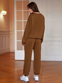 SHEIN Frenchy 女士心形印花下垂肩運動衫和運動長褲套裝 - 棕色 - 查看 6