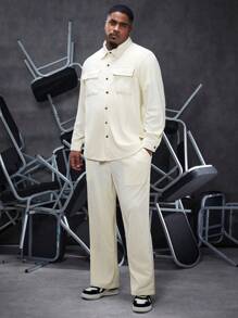 Manfinity Homme Men'S Plus Size Cargo Pocketed Long Sleeve Shirt And Pants Two Piece Set - White - View 1