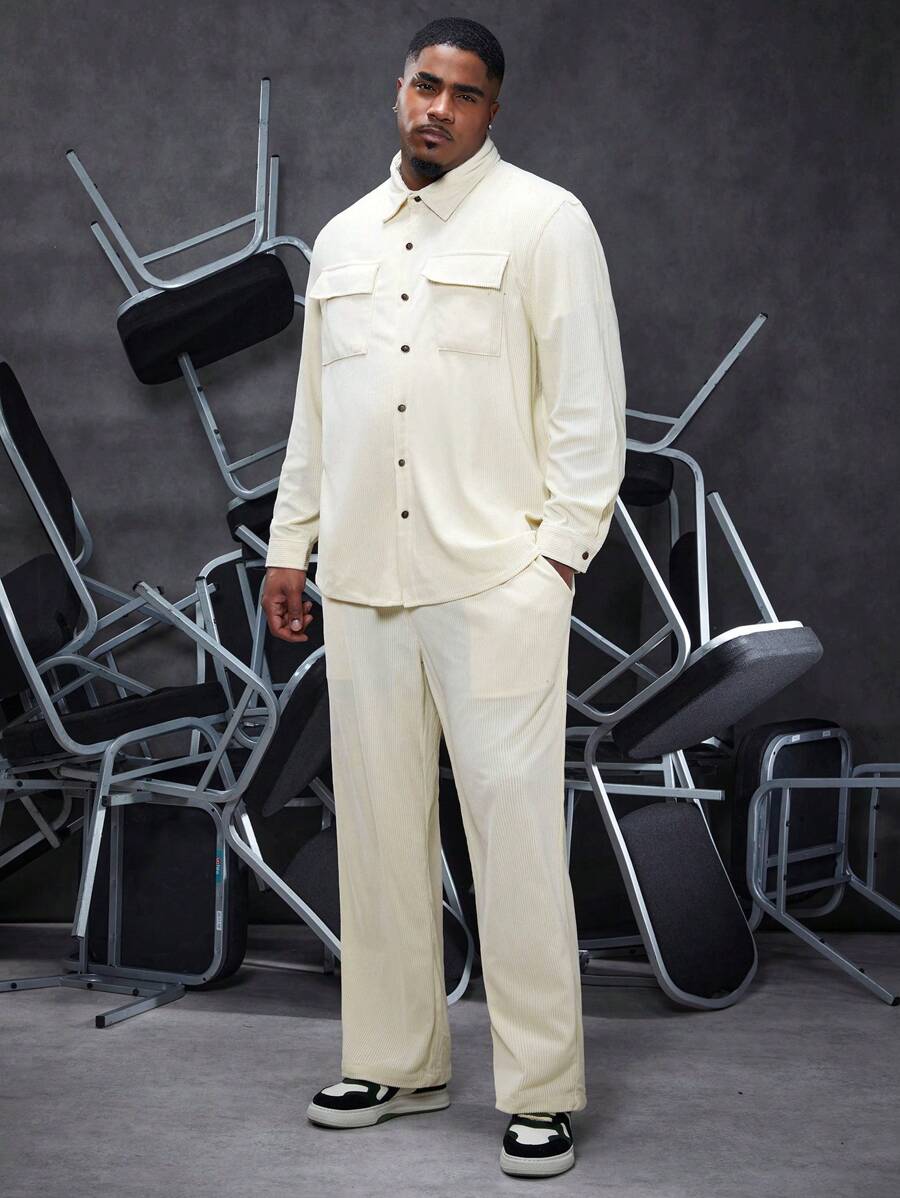 Manfinity Homme Men'S Plus Size Cargo Pocketed Long Sleeve Shirt And Pants Two Piece Set - White - View 1