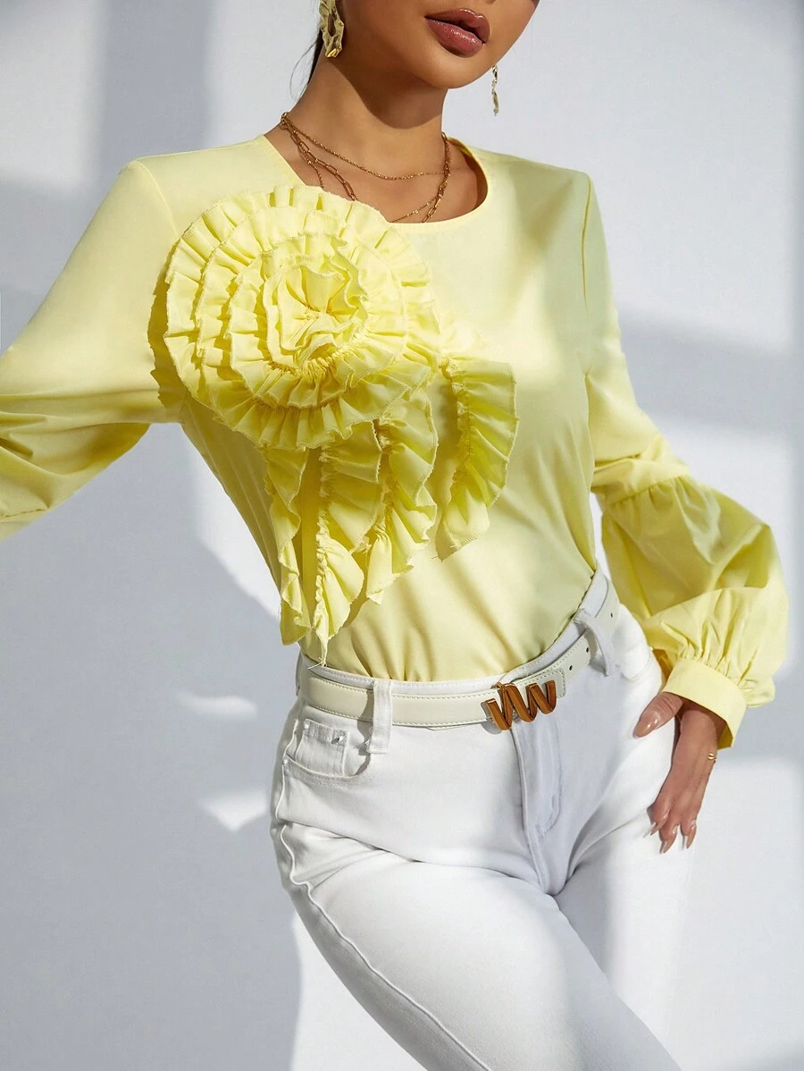 SHEIN Privé 女裝3d花紋細節長袖襯衫 - 黃色 - 查看 1