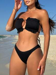 SHEIN Swim 夏季女士镂空设计挂脖比基尼套装音乐节 - 黑色 - 查看 3