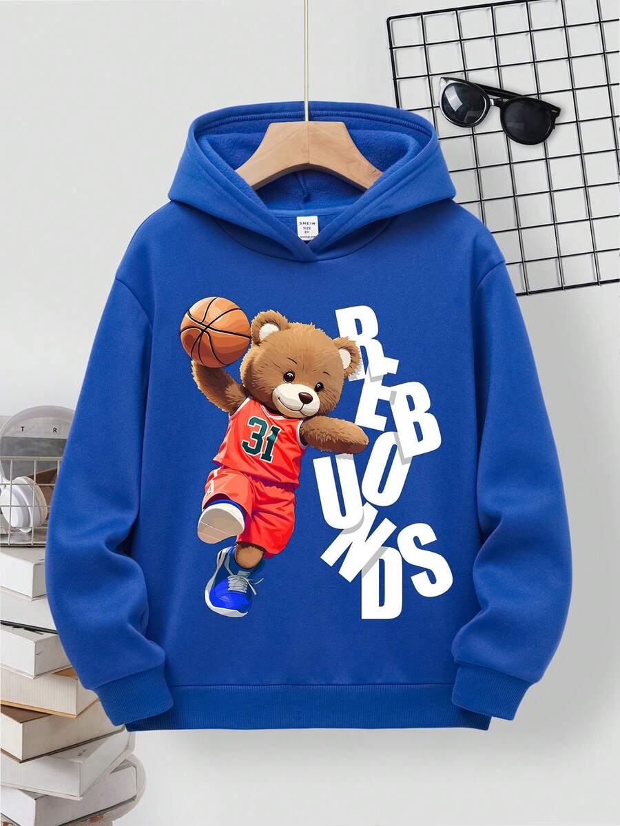 青少年男孩休閒卡通印花長袖連帽運動衫,適用於秋冬季節 - 藍色 - 查看 1
