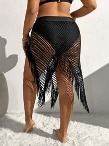 SHEIN Swim Curve Plus Size Women'S Patchwork Fringe Hollow Out Cover Up Skirt Summer