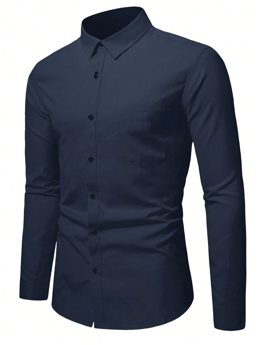 RueChic Camisa De Manga Larga De Color Sólido Para Hombres - Azul Marino - Ver 1
