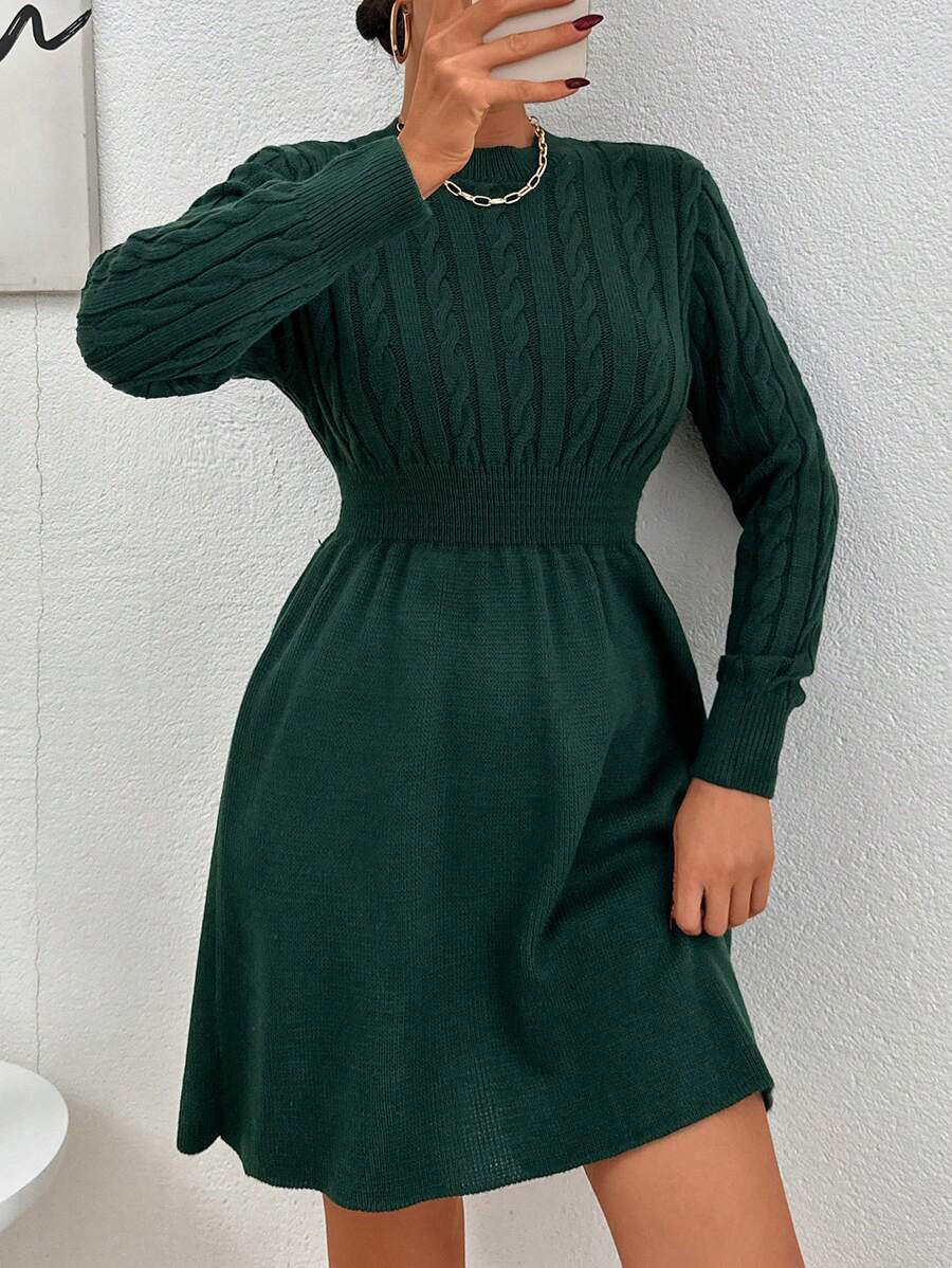 EURMUSE Long Sleeve Cable Knit Sweater Dress - Dark Green - View 1