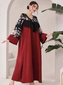 Al Najma Women's Floral Print V-Neck Long Sleeve Color Block Dress