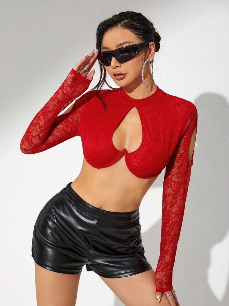 Lace Splicing Bust Cup Hollow Out Cropped Top