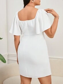 SHEIN Privé 大尺碼純色法式甜心領蝴蝶袖包圍腰間,浪漫優雅洋裝 - 白色 - 查看 2