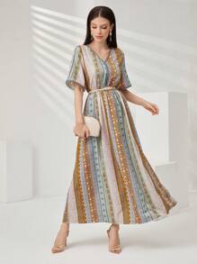 Seusyu 幾何條紋圖案阿拉伯短袖連衣裙 - 黃色 - 查看 1