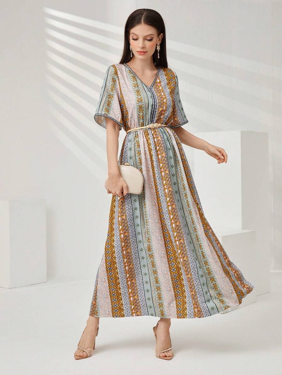 Seusyu 幾何條紋圖案阿拉伯短袖連衣裙 - 黃色 - 查看 1