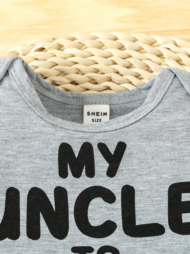 Baby Boy Short Sleeve Bodysuit With Slogan Print - Grey - View 4