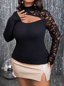 Rometta Plus Size Sheer Lace Panel Cut Out Front T-Shirt Fall Cloth For Women - Black - View 5