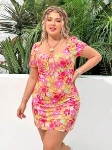 Dreamara Plus Size Women's Botanical Print Front Tie Dress - Burnt Orange - View 7