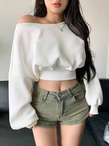 DAZY 女式不对称领口长袖运动衫、长袖上衣、返校服、秋季女装 - 白色 - 查看 2