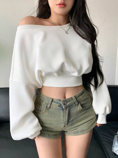 DAZY Sudadera con cuello asimétrico de manga larga para mujer, blusas de manga larga, ropa de vuelta al colegio, ropa de mujer de otoño Y2K