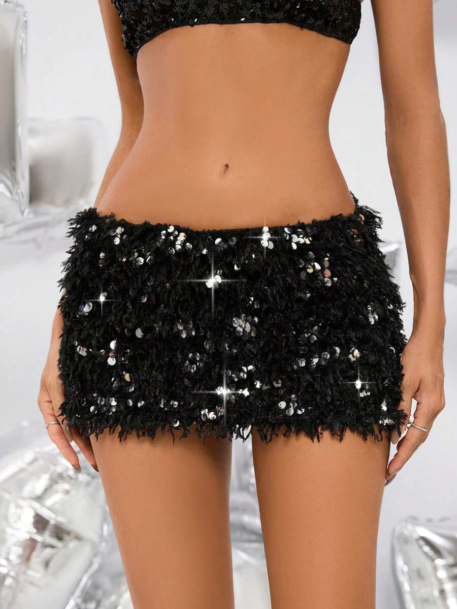 SHEIN BAE Sequin Low Waist Mini Skirt - Black - View 1