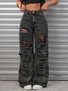 SHEIN ICON Đau khổ Cargo Phong cách quần ống rộng Quần jean - Xám - Xem 1