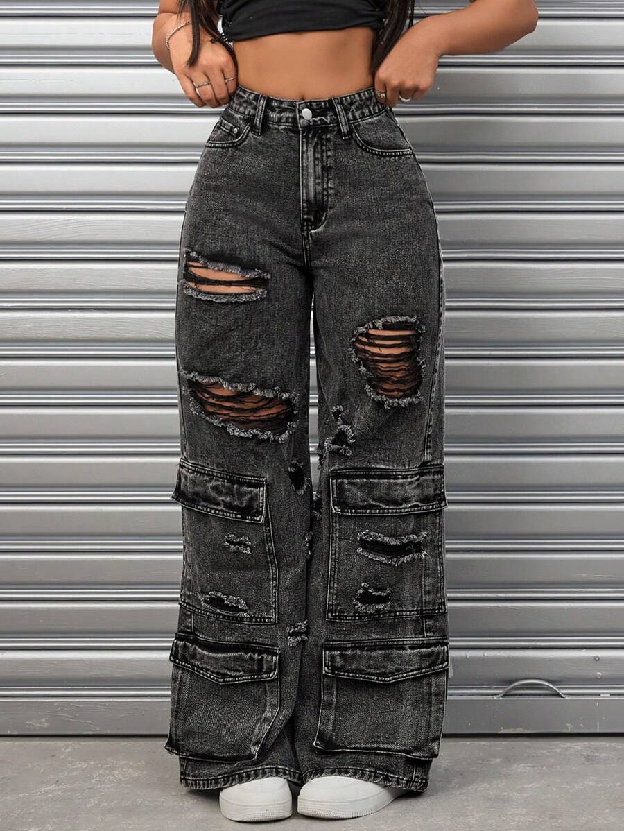 SHEIN ICON Đau khổ Cargo Phong cách quần ống rộng Quần jean - Xám - Xem 1