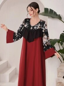 Al Najma Women's Floral Print V-Neck Long Sleeve Color Block Dress
