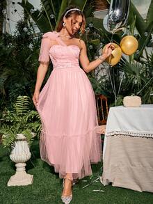 Glamaker Women'S One Shoulder Jacquard Mesh Dress - Pink - View 7