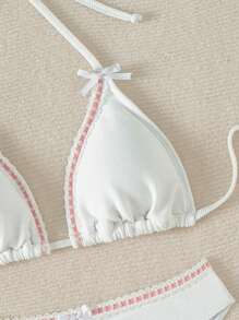 Swim Mod Conjunto de bikini decorado con bloques de color y lazo - Blanco - Ver 5