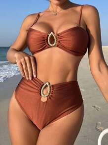 SHEIN Swim Bộ đồ bơi bikini màu trơn dành cho nữ đi biển mùa hè với bộ đồ tắm có chi tiết xếp nếp - màu nâu - Xem 3