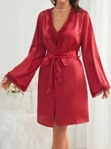 Bata De Dormir Para Mujer Con Ribete De Encaje, Mangas Con Volantes Y Conjunto De Pijama De Vestido Cami - Burdeos - Ver 5