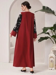Al Najma Women's Floral Print V-Neck Long Sleeve Color Block Dress