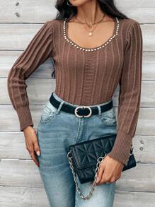 SHEIN Clasi 女式珍珠裝飾毛衣,長袖 - 棕色 - 查看 4