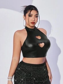 SHEIN ICON Y2k 大尺碼女款 Pu 皮革掛脖鏤空心黑色短版女款上衣 - 黑色 - 查看 3