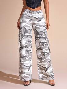 SHEIN BAE 貨物迷彩圖案牛仔褲 - 淺灰色 - 查看 4